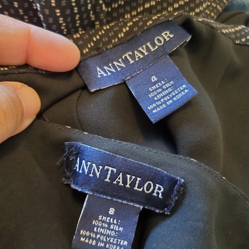 Ann Taylor Silk 2 Piece Set Womens 8/4 Black Dotted Pinstripe Top Wide Leg Pants - Picture 2 of 16